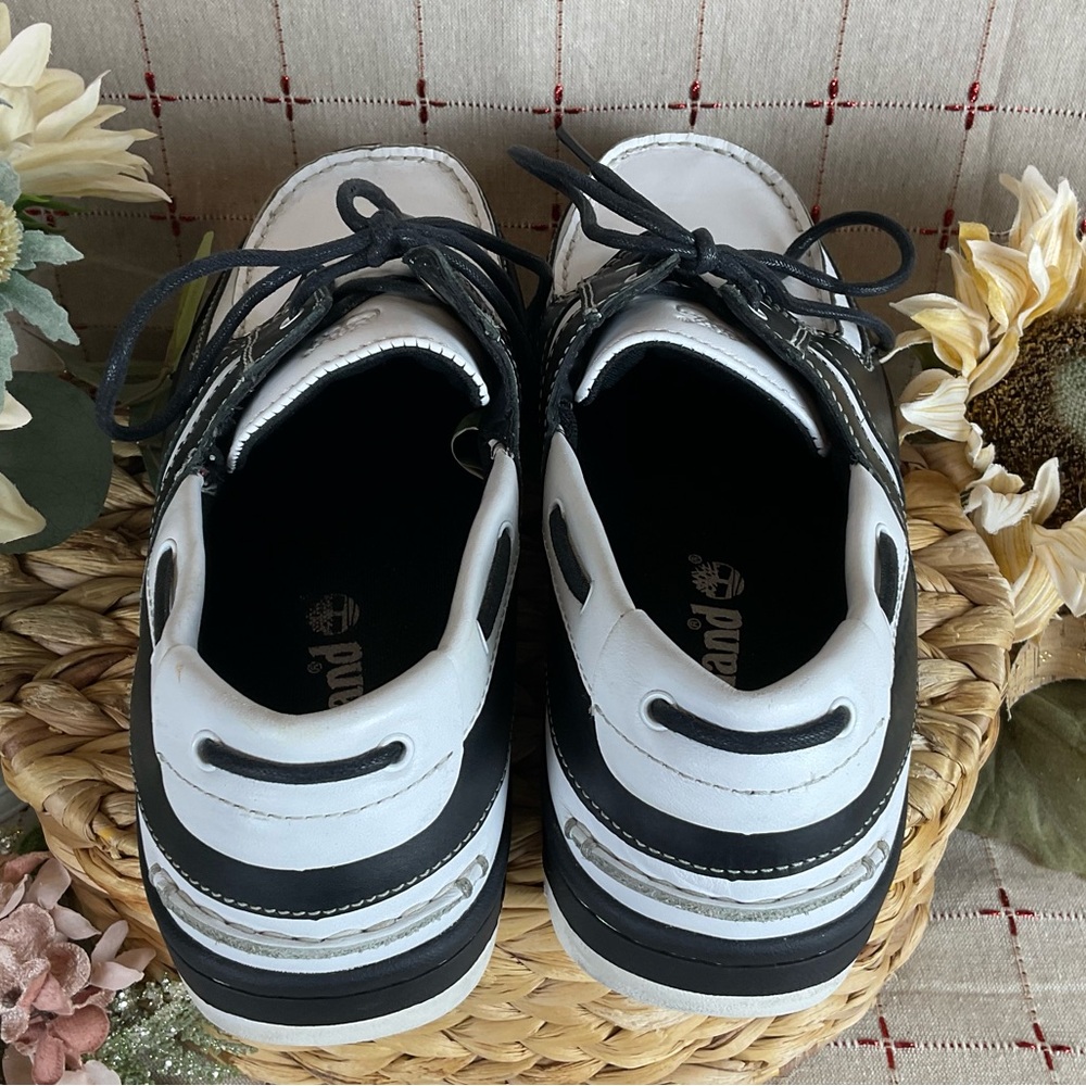 Timberland Boat Shoes Mens Size 11.5 Black & White Leather Deck Shoes PreLoved - Picture 4 of 5